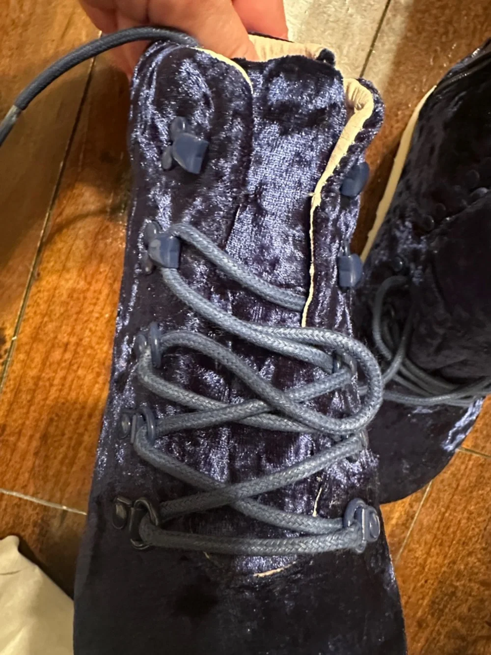 AKID- kids dark blue crushed velvet Blue Lace-Up Booties